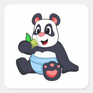 Pegatina Cuadrada Panda como bebé con bambú