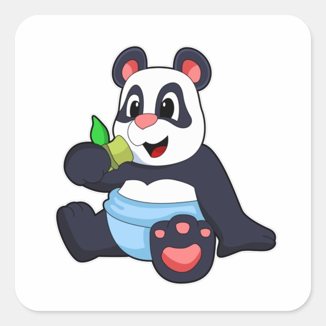 Pegatina Cuadrada Panda como bebé con bambú (Anverso)