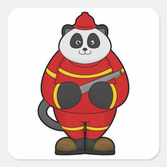 Pegatina Cuadrada Panda como bombero con manguera (Anverso)