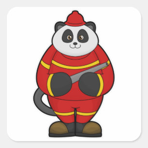 Pegatina Cuadrada Panda como bombero con manguera