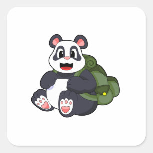Pegatina Cuadrada Panda como excursionista con mochila
