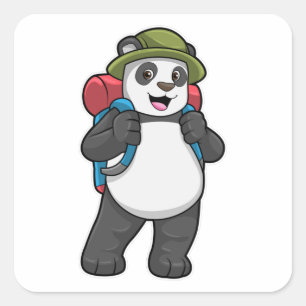 Pegatina Cuadrada Panda como excursionista con mochila