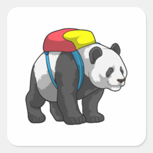 Pegatina Cuadrada Panda como excursionista con mochila