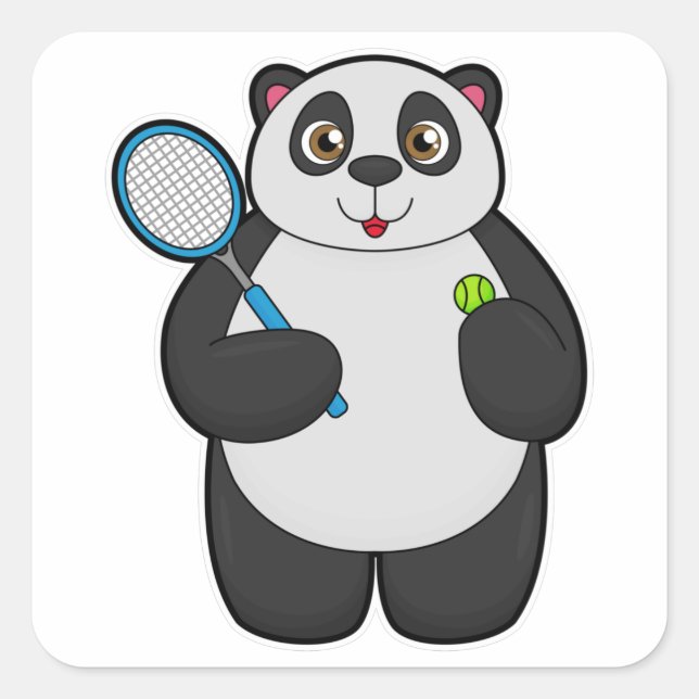 Pegatina Cuadrada Panda como jugador de tenis con raqueta de tenis (Anverso)