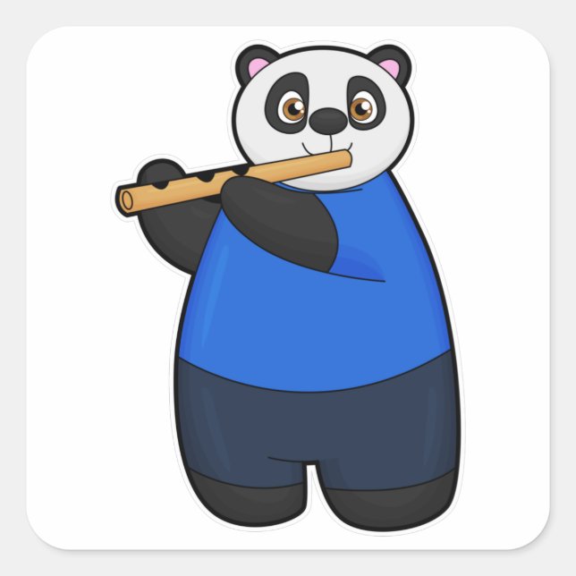 Pegatina Cuadrada Panda como músico con flauta (Anverso)