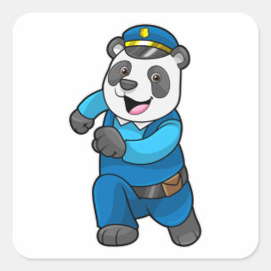 Pegatina Cuadrada Panda como oficial de policía con sombrero de poli