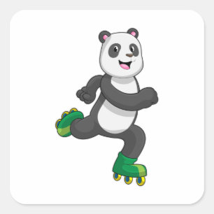 Pegatina Cuadrada Panda como patinador en línea con patines