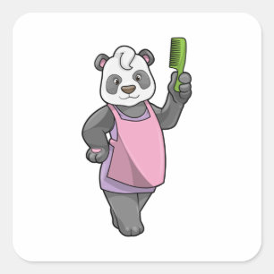 Pegatina Cuadrada Panda como peluquero con comb