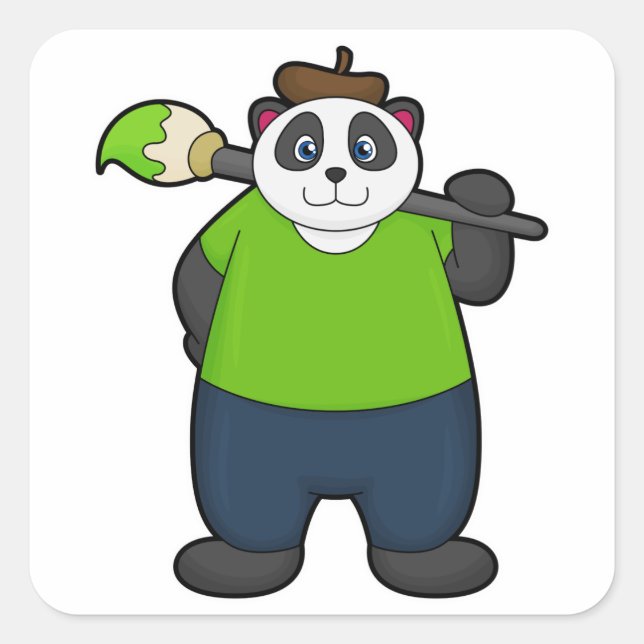 Pegatina Cuadrada Panda como pintador con pincel (Anverso)