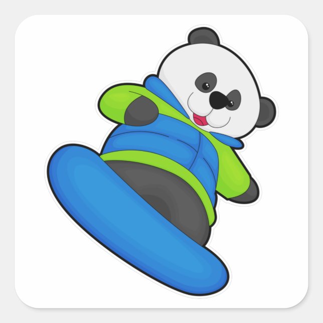 Pegatina Cuadrada Panda como snowboard con snowboard (Anverso)