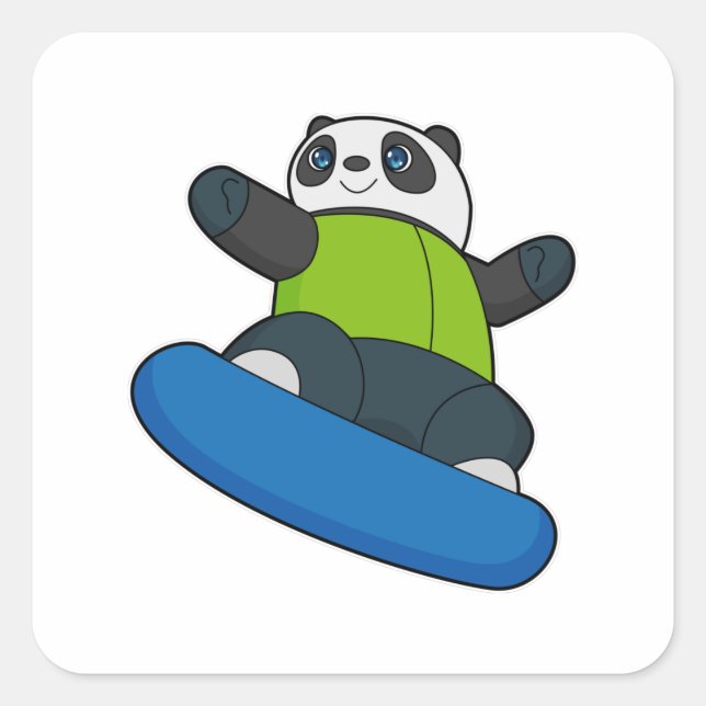 Pegatina Cuadrada Panda como snowboard con snowboard (Anverso)