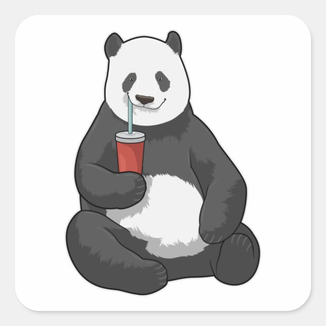 Pegatina Cuadrada Panda con bebida (Anverso)