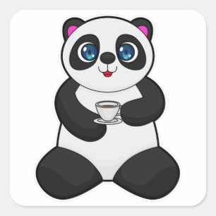 Pegatina Cuadrada Panda con Copa de Café