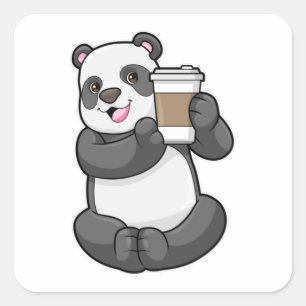 Pegatina Cuadrada Panda con el café a ir