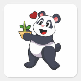 Pegatina Cuadrada Panda con flores de bambú