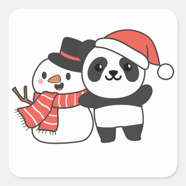 Pegatina Cuadrada Panda Con Snowman En Invierno Para Navidades (Anverso)