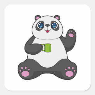 Pegatina Cuadrada Panda con tazón de café