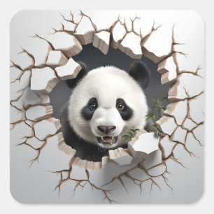 Pegatina Cuadrada Panda Crackearon Hole Art Panda Rompía Wall 3D