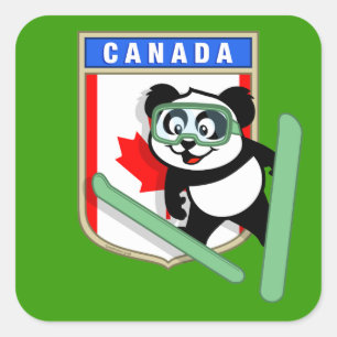 Pegatina Cuadrada Panda de salto de esquí de Canadá