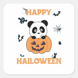 Pegatina Cuadrada Panda En Calabaza Dulce Pandas Feliz Halloween