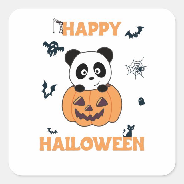 Pegatina Cuadrada Panda En Calabaza Dulce Pandas Feliz Halloween (Anverso)