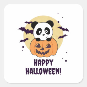 Pegatina Cuadrada Panda En Calabaza Dulce Pandas Feliz Halloween