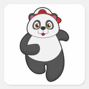 Pegatina Cuadrada Panda en carrera con gorra