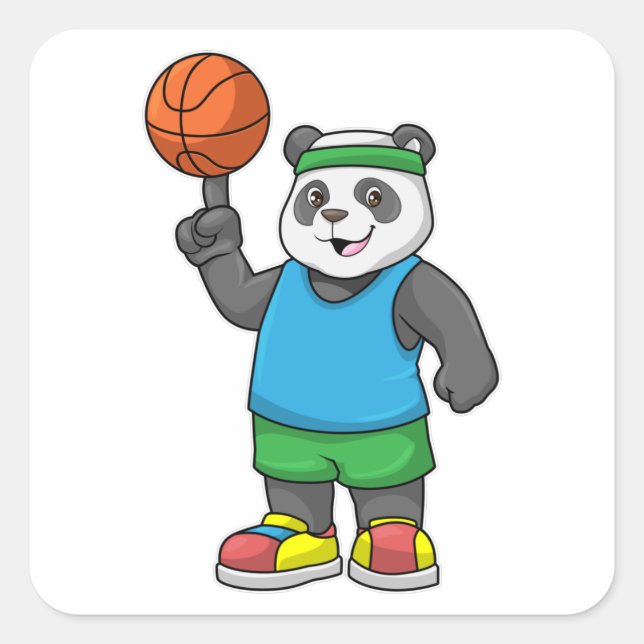 Pegatina Cuadrada Panda en Deportes con Baloncesto (Anverso)