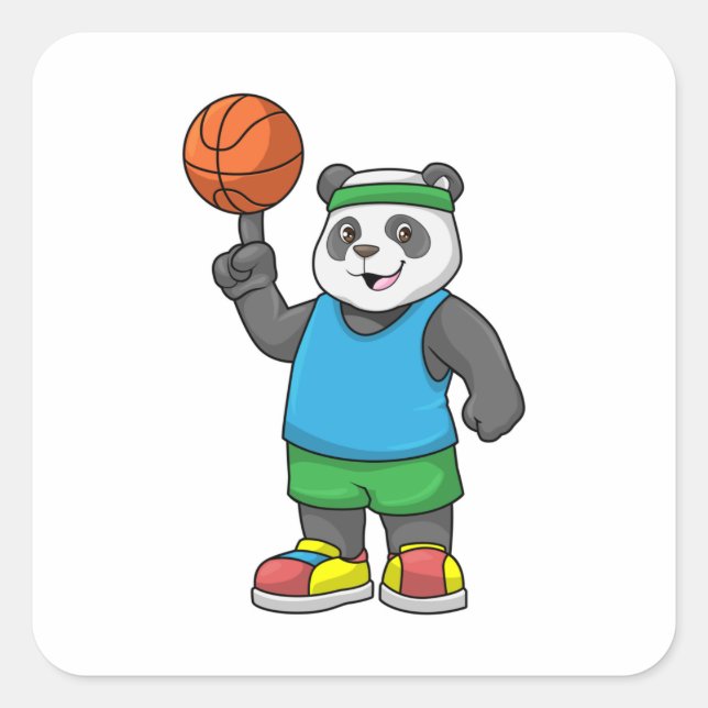 Pegatina Cuadrada Panda en Deportes con Baloncesto (Anverso)