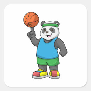 Pegatina Cuadrada Panda en Deportes con Baloncesto