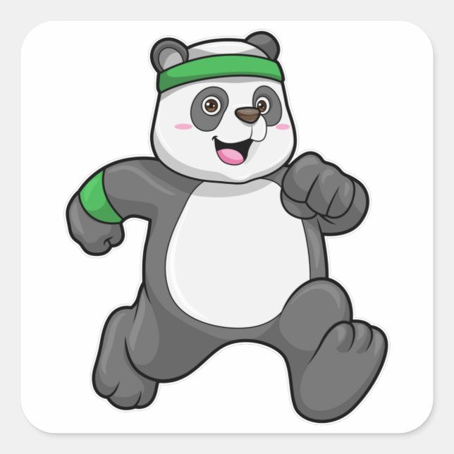 Pegatina Cuadrada Panda en Jogging with Headband (Anverso)