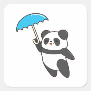 Pegatina Cuadrada Panda en la lluvia con el paraguas