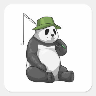 Pegatina Cuadrada Panda en la pesca con barra de pesca