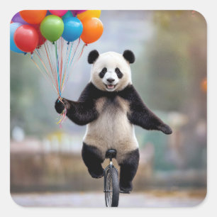 Pegatina Cuadrada Panda en un monociclo con ramo de globos