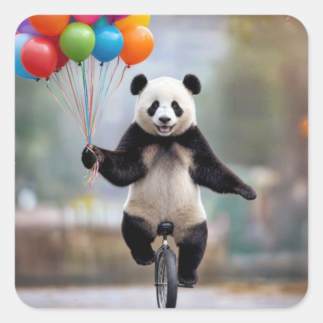 Pegatina Cuadrada Panda en un monociclo con ramo de globos (Anverso)