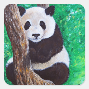 Pegatina Cuadrada Panda en una pintura de árbol