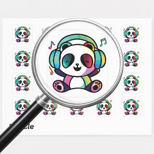 Pegatina Cuadrada Panda feliz con auriculares escuchando música.