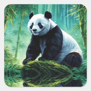 Pegatina Cuadrada Panda gigante en el bosque de Bambú
