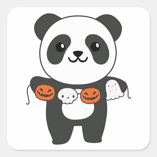 Pegatina Cuadrada Panda Happy Halloween Calabaza Bat Costume Square  (Anverso)
