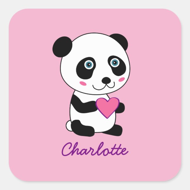 Pegatina Cuadrada Panda lindo con un nombre personalizado del corazó (Anverso)