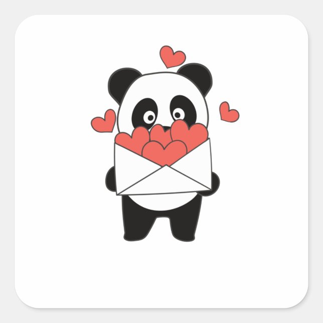 Pegatina Cuadrada Panda Para Animales El día de San Valentín Con Cor (Anverso)