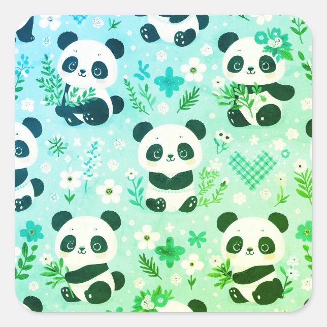 Pegatina Cuadrada Panda Patrón de oso Impresión verde (Anverso)