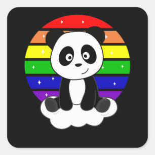 Pegatina Cuadrada Panda Purpurina arcoiris Kawaii Pandas colorido