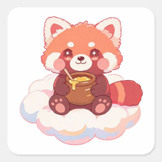 Pegatina Cuadrada Panda Rojo Adorable