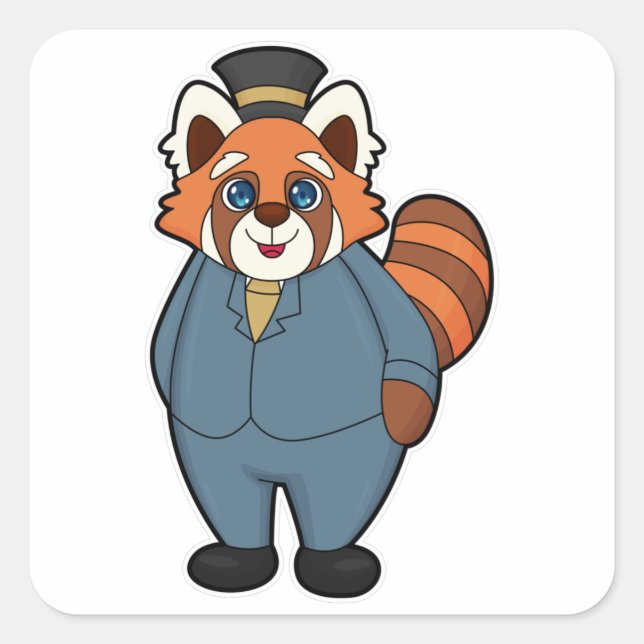 Pegatina Cuadrada Panda Rojo como Groom con Gorra (Anverso)