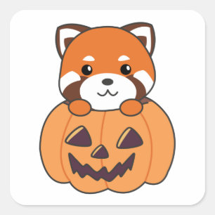 Pegatina Cuadrada Panda Rojo En Calabaza Cute Pandas Feliz Halloween