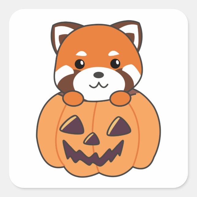 Pegatina Cuadrada Panda Rojo En Calabaza Cute Pandas Feliz Halloween (Anverso)