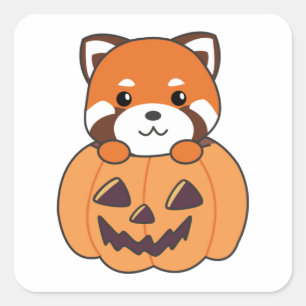 Pegatina Cuadrada Panda Rojo En Calabaza Cute Pandas Feliz Halloween
