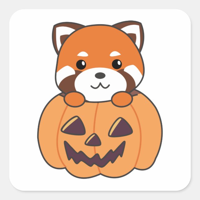 Pegatina Cuadrada Panda Rojo En Calabaza Cute Pandas Feliz Halloween (Anverso)