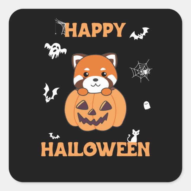 Pegatina Cuadrada Panda Rojo En Calabaza Cute Pandas Feliz Halloween (Anverso)
